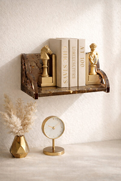 PELIUS Kahverengi Duvar Rafı Elegan Kitaplık Gold Detay Altın Detaylı Aksesua...
