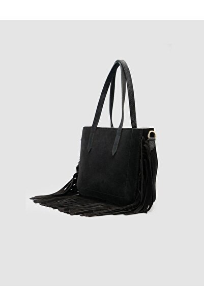 Cabani Genuine Leather Suede Black Tasseled Double Strap Women's Shoulder Bag