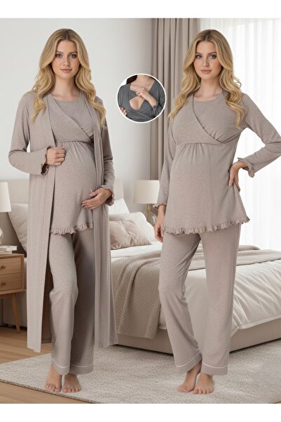 Lohusa Homewear Women's Beige Elegant Long Sleeve Maternity Pajama Set with H...