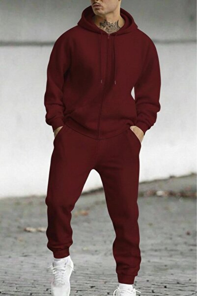 CAST COLLECTİON Men's Burgundy Zippered Jacket and Sweatpants Set