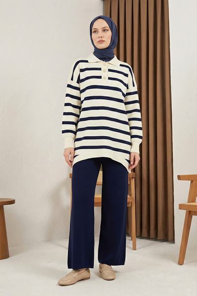 MODAQU Polo Collar Striped Knitwear Tunic Trousers Set - Navy Blue