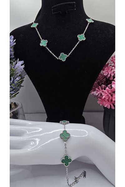 ahsenaksesuar2025 Büyük Boy Yeşil Van Cleef Yonca Model Gümüş Renk Paslanmaz ...