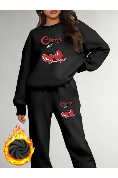 mercoledi Cherry Printed Crew Neck Sweatshirt Jogger Bottom Tracksuit Set Ove...