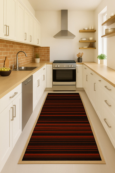 DOREM DİJİTAL BASKILI Kaymaz Taban Yıkanabilir Modern Mutfak Halısı Salon Hal...