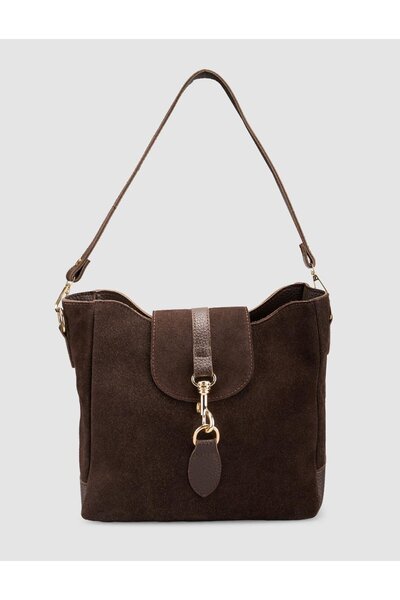 Cabani Γνήσια γυναικεία τσάντα ώμου με αγκράφα σε καφέ σουέντ χρώμα