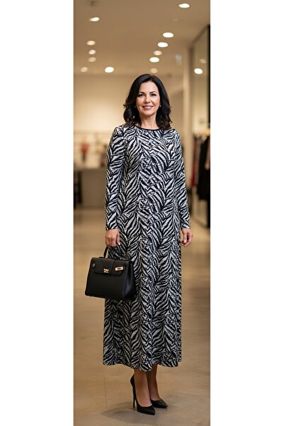 THEBEK Yumoş Velvety Suede Patterned Oversized Dress with Black and White Pat...