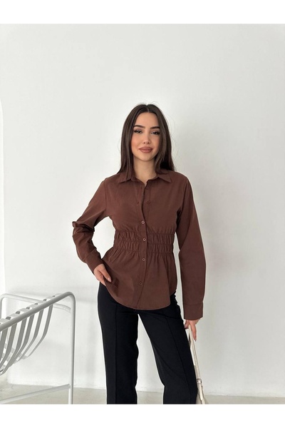 CARLA MARA Women's Waist Gathered Long Sleeve Coffee Shirt