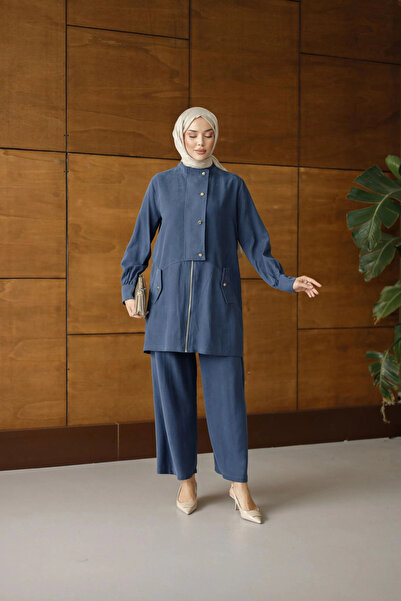 DEFNECE BUTİK Nova Buttoned Zipper Suit - Navy Blue