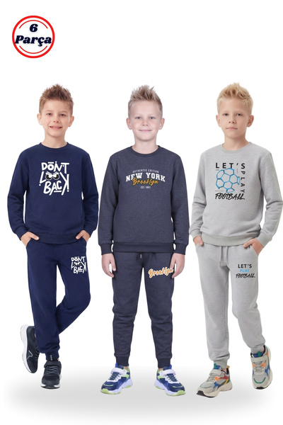 FYK COLLECTİON Boys' 6-Piece 3-Piece Tracksuit Set – Various Prints, Crew Nec...