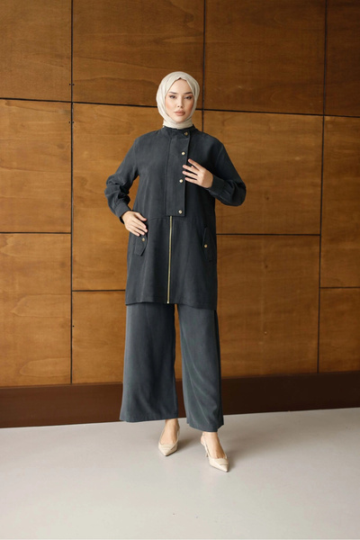 DEFNECE BUTİK Nova Buttoned Zipper Suit - Black