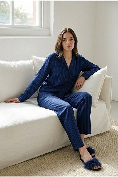 Espuar Women's Striped Patterned Long Sleeve Bottom Top Pajama Set 775