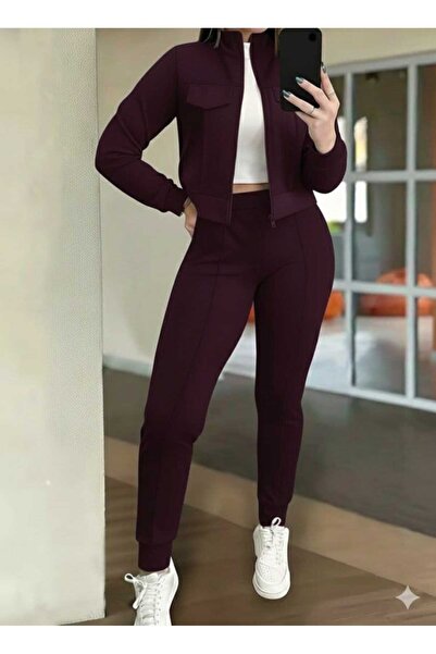 JANES Kadın Uzun Kollu Önden Fermuarlı Kısa Modal Ceket ve Pantolonlu İkili T...