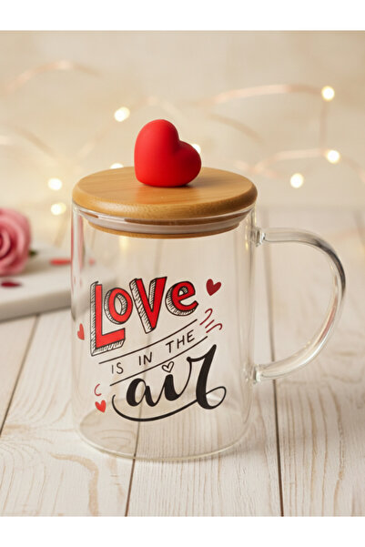 Tohana Red Heart Glass Mug with Bamboo Lid