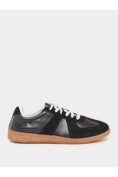 Styli Men Black Leather Suede Lace Up Sneakers