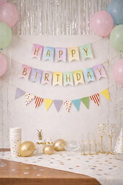 Partifabrik Birthday Macaron Colors Happy Birthday and Triangle Ornament Set ...