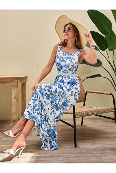 SİNGBADA Askılı Mavi Çiçek Desenli Bel Detaylı Uzun Elbise