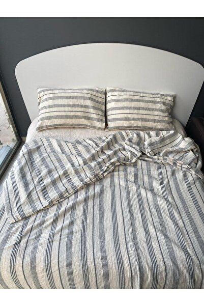 HB&Victory Muslin Duvet Cover Set Anthracite Gray Color Striped Single Size 1...