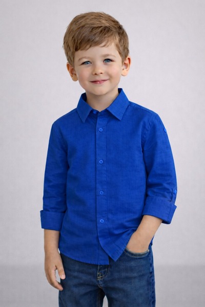 Nacar Erkek Çocuk 23 Nisan Gösteri Kolu Katlamalı Comfort Keten Gömlek