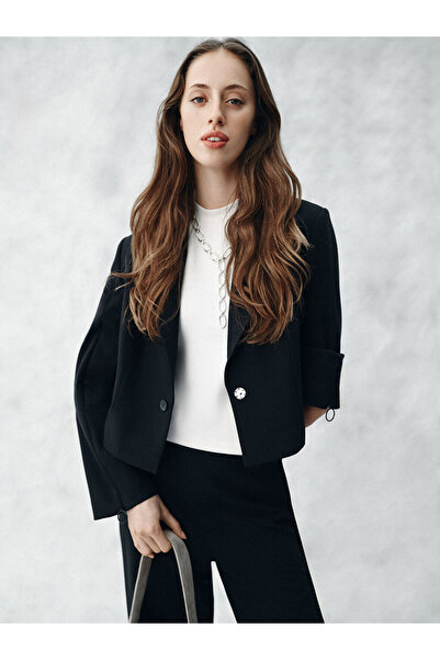 LC Waikiki Navy Blue Easy-To-Wear Women's Crop Blazer Jacket with Zipper on t...