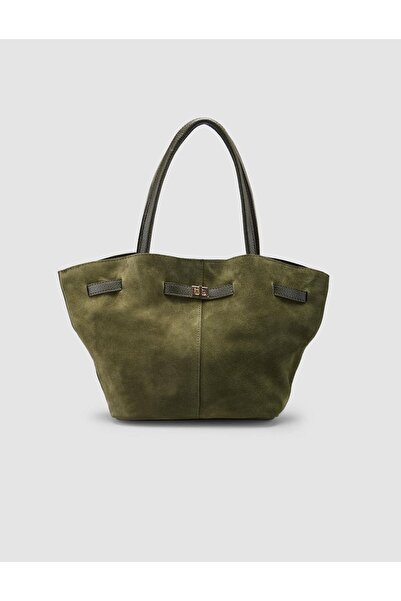Cabani Genuine Suede Leather Khaki Buckle Women's Shoulder Bag