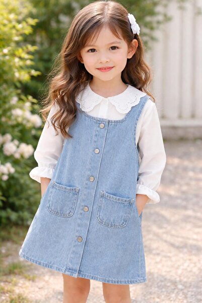 Butik KIZ ÇOCUK SALOPET ELBİSE GÖMLEK 2'Lİ TAKIM KOT ELBİSE