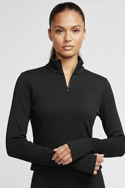 Swana Bluză de damă cu mânecă lungă și fermoar-negru