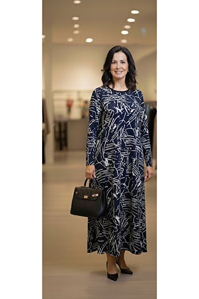 THEBEK Yumoş Velvety Suede Patterned Oversized Dress Navy Blue Mix Pattern