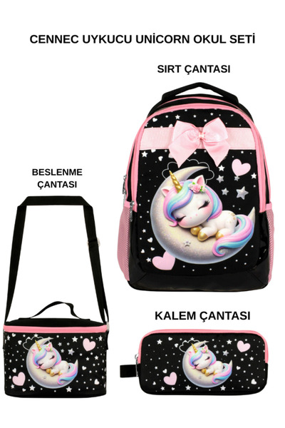 ÜMİT ÇANTA Cennec Sleepy Unicorn 3-Piece Set – Backpack, Lunch Box, and Penci...
