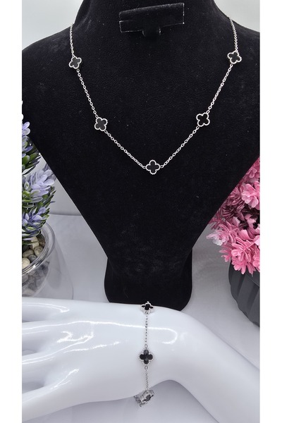 GUNESTAKI Küçük Boy Siyah Van Cleef Yonca Model Gümüş Renk Paslanmaz Çelik Ko...