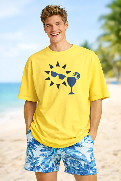 ArtYus Sun and Goblet Printed Summer Themed Cotton Relaxed Fit Round Neck Uni...