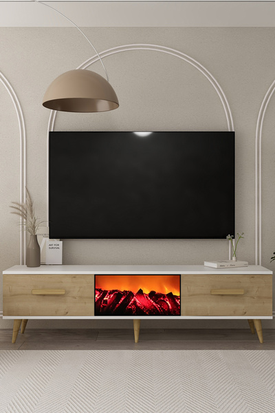 DEMONTE DECOR TV0050-TXA150DD-1 ŞÖMİNELİ TV SEHPASI BEYAZ-SAFİR- SAFİR KULP