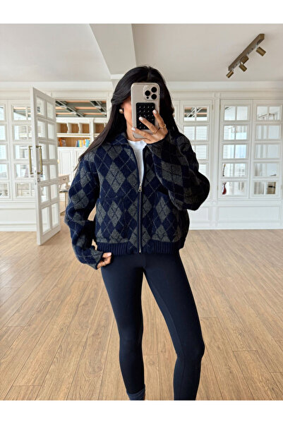 My Blog Navy Blue-Anthracite Diamond Patterned Zippered Cardigan - 261003