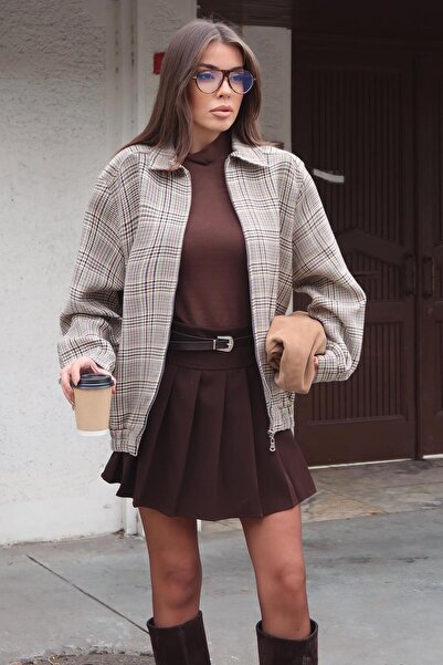 Lijuri Plaid Short Coat Zippered Shirt Collar 7113