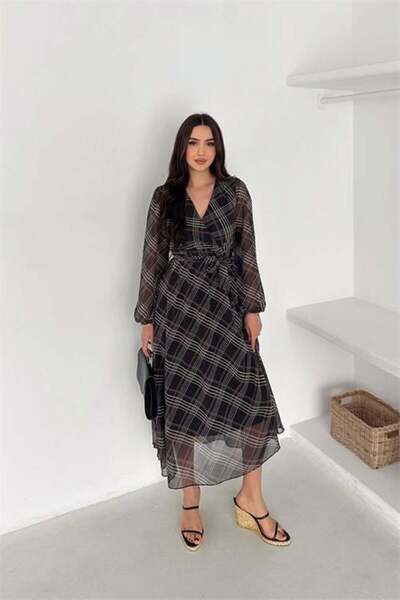 Dipmoda Γυναικείο φόρεμα σιφόν διπλό πέτο με γιακά Καρό Με σχέδιο και ζώνη στ...