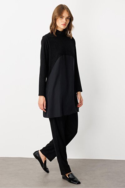 Micca Soft Modal Garni Detaylı Yumuşak Fitilli Örme Pantalon Kombin Takım-Siyah