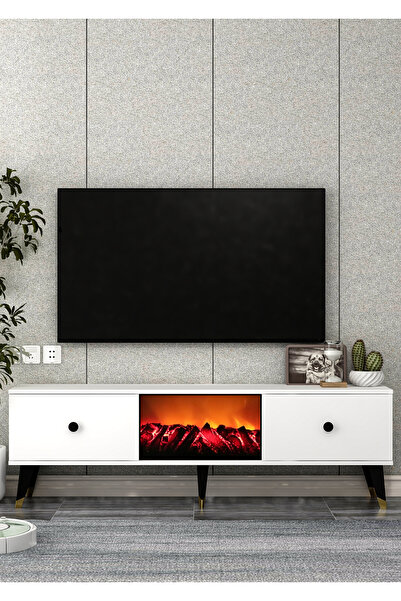 DEMONTE DECOR TV0052-TXA150DD-1 ŞÖMİNELİ TV SEHPASI BEYAZ-SİYAH KULP