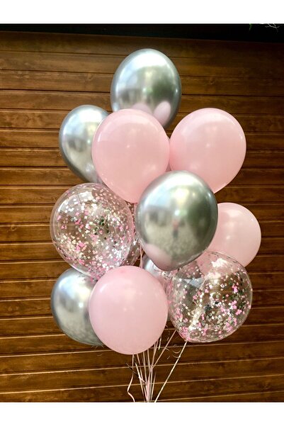 Çemrek Süs Parti Pink Silver Transparent Balloon Set of 15