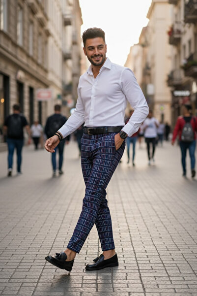 dehaine Men's casual pants, plaid, Slim Fit, Navy blue, B1562