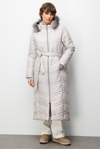 Micca Soft Elyaf Dolgulu Peluş Detaylı Astarlı Zamansız Kaban Manto-Gri