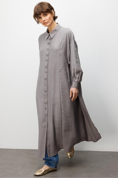 Micca Soft Modal Yırtmaç ve Ön Beden ile Detaylandırılmış Elbise Kap-Gri