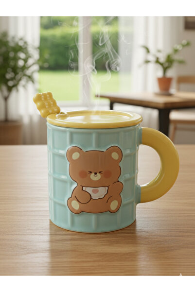Bam Cute Bear Figured Ceramic Mug with Spoon and Lid