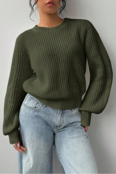 Tarz Cool Women's Khaki Oversize Crew Neck Balloon Sleeve Ribbed Knit Sweater