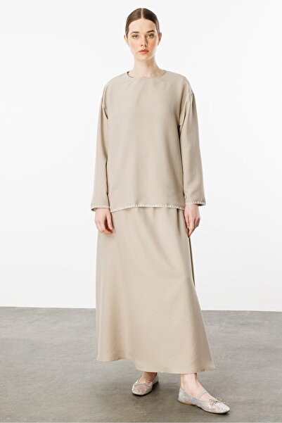 Micca Kenar Nakış Detaylı İpekçe Doku Spor Etek Tunik Kombin Takım-Taş