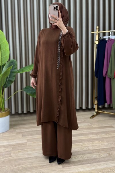 mercan moda Si̇mge Takim Women's Brown Aerobin Fabric 2-Piece Pants Tunic Set