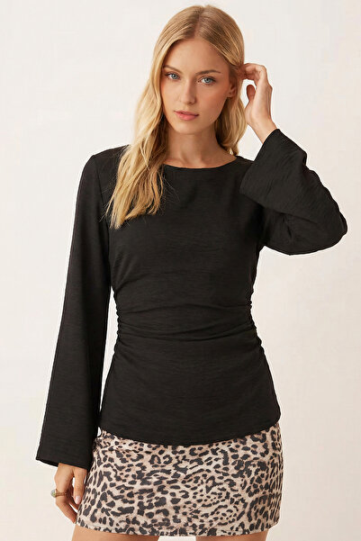 armonika Women's Black Boat Neck Blouse with Gathered Sides and String Detail...