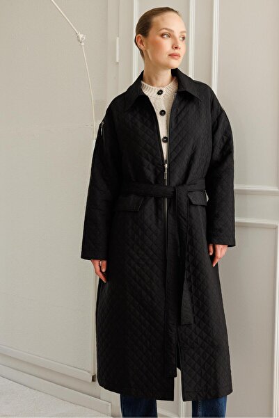 Micca HZR Fermuar Detaylı Jakar Kapitone Spor Trench Kap PLUS-Siyah