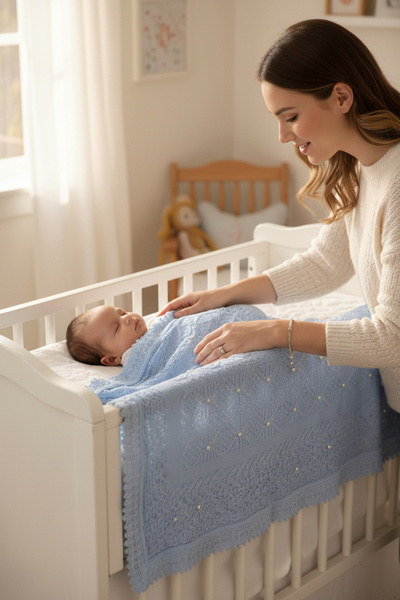 balbeybi Pearl Stone Knitted Baby Blanket Blue, Cotton Textured, Newborn Prem...