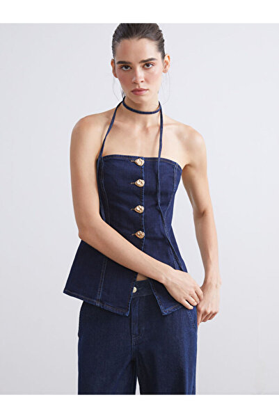 LC Waikiki Quality Pieces from Çelebi Store Strapless Collar Jean Blouse