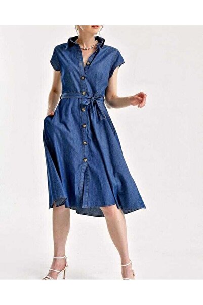 Modamorfo 1677 Buttoned Belted Denim Dress - Navy Blue