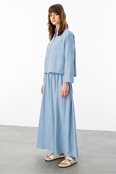 Micca Özel Tasarım Rahat İpekçe Kumaş Spor Zamansız Etek Kombinli Takım-Mavi